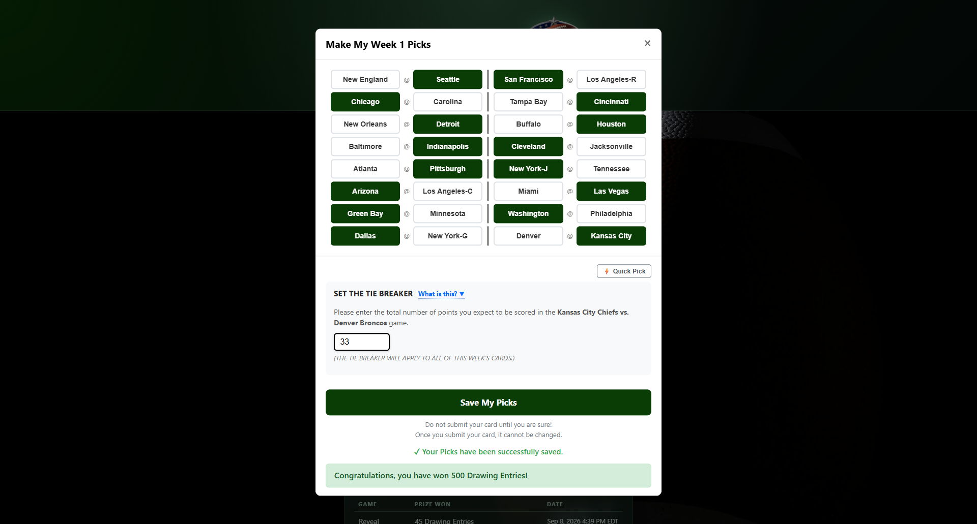 Weekly picks card showing all 16 NFL matchups, a tiebreaker field, and a saved confirmation