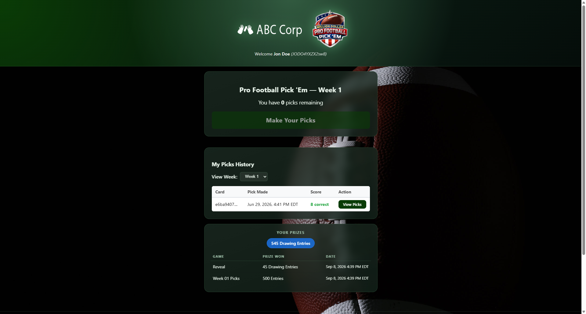 Player dashboard showing picks history by week, correct-pick score, and a running total of prizes and drawing entries