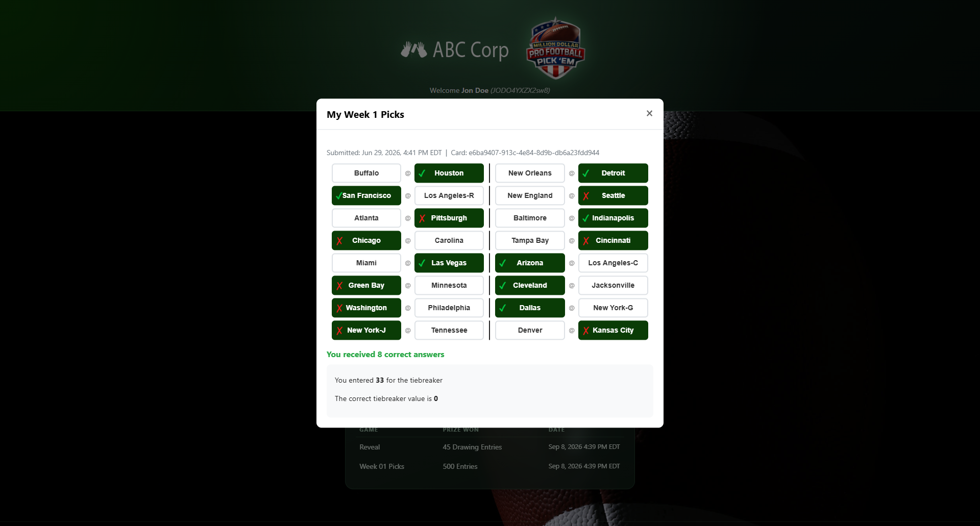 Scored picks detail showing correct and incorrect picks marked with green checks and red X's, plus tiebreaker comparison