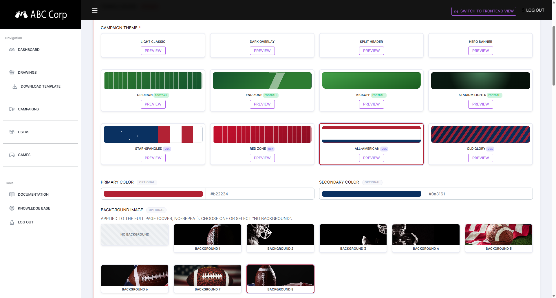Campaign wizard theme selector showing football-exclusive themes, colors, and background image options