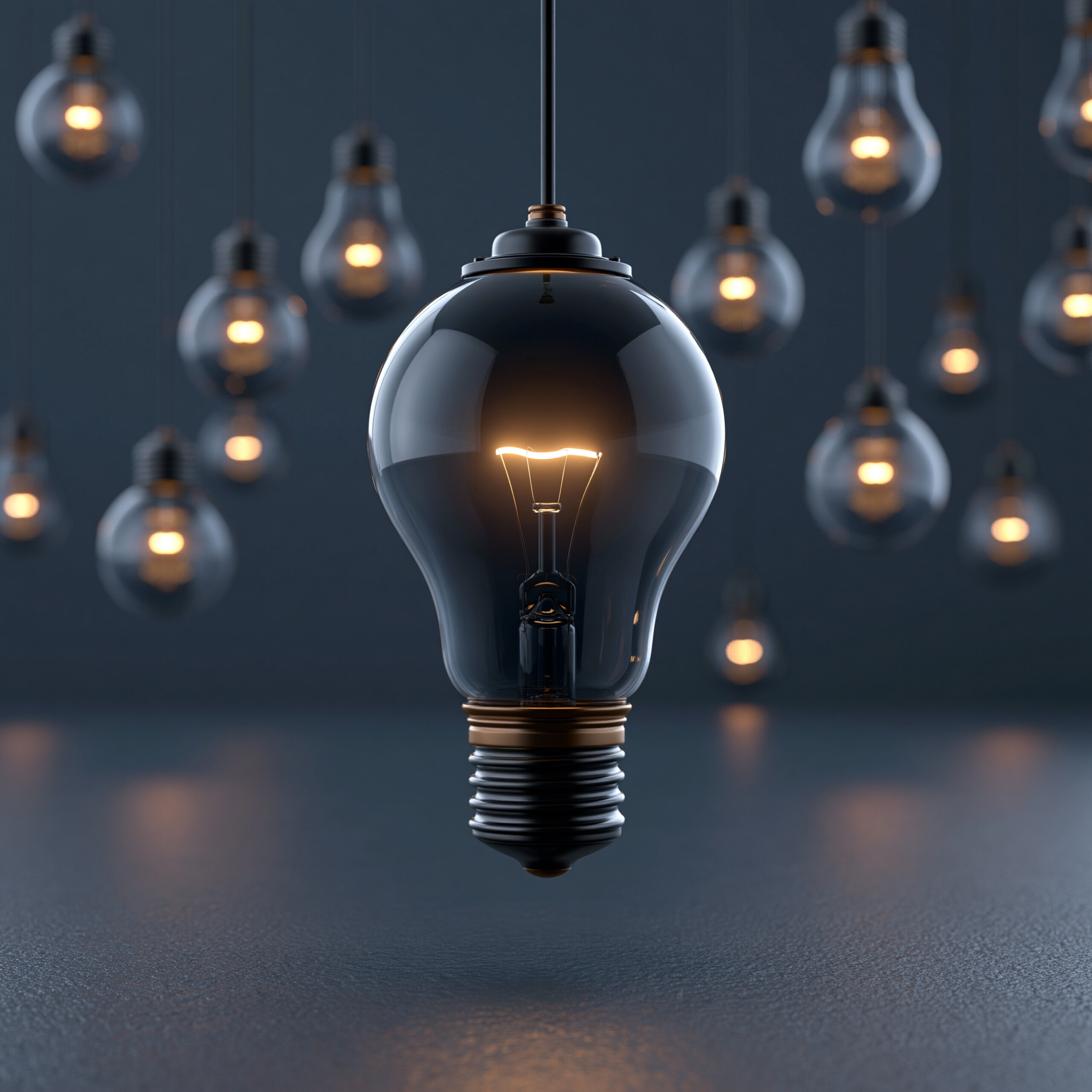 A single glowing lightbulb standing out among many, representing ideas and inspiration