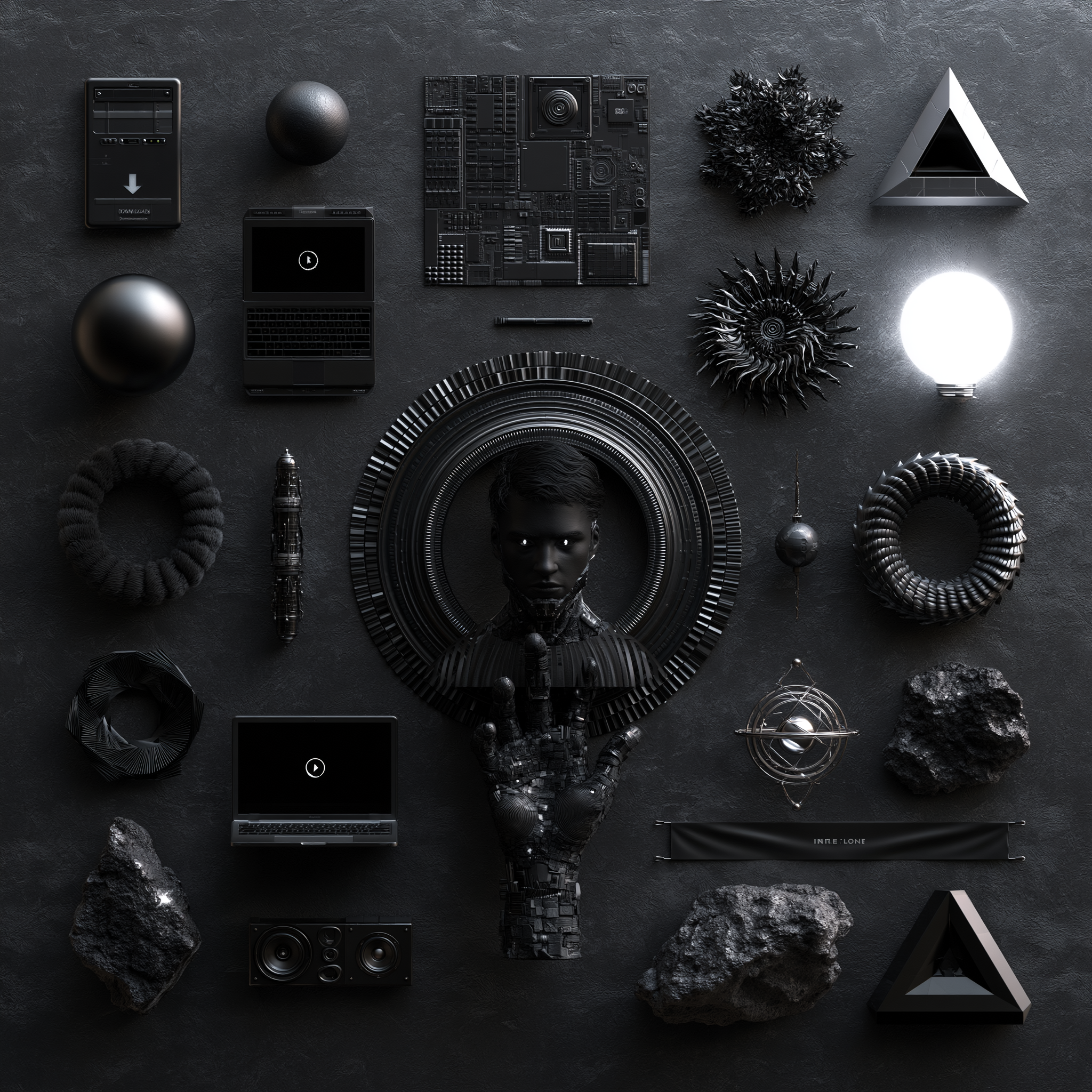 A dark, organized flat-lay of design and production tools, representing brand and creative resources
