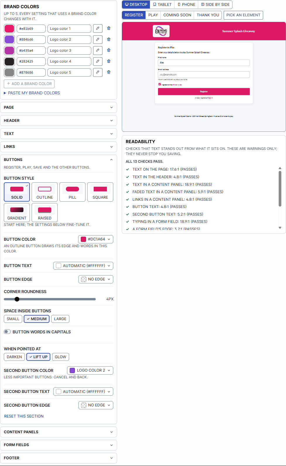 Fine-tune: brand colors and setting sections on the left, with the Buttons section open; on the right, the live preview of the registration page and the Readability checks