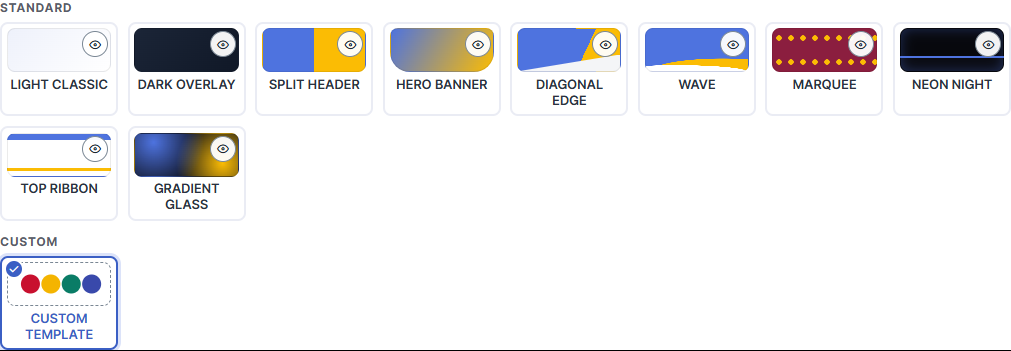 The theme cards in Step 2: ten standard themes, then the Custom Template card under its own Custom heading, selected